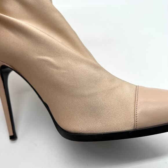 AMIRI Sock Bootie Stiletto Heel Womens 10.5 Tan Neoprene Pointed Leather Cap Toe - Picture 14 of 16